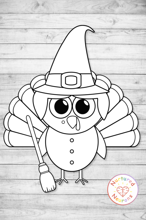 Disguise a turkey as a witch - color and black and white cut and paste templates for kindergarten scissor skills practice