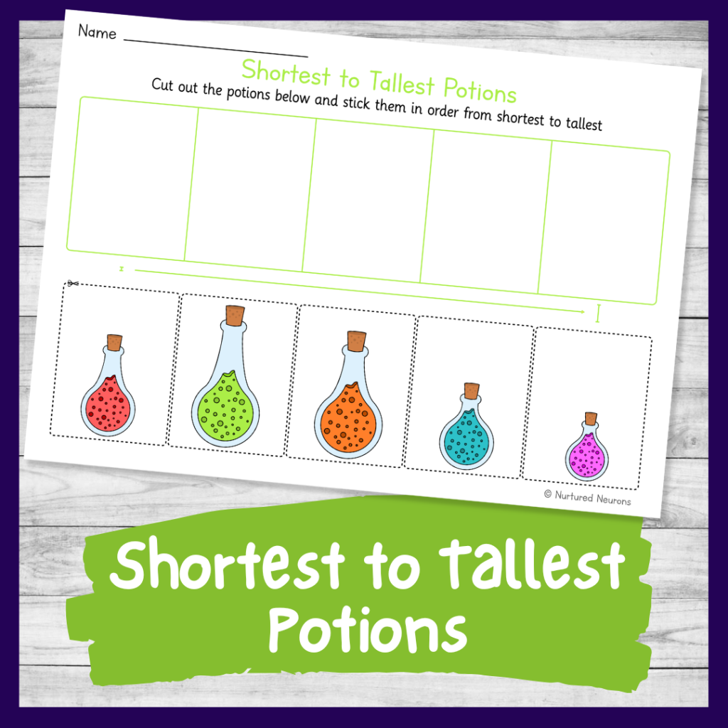 Halloween theme height measuring sheet - shortest to tallest potions - witch measuring