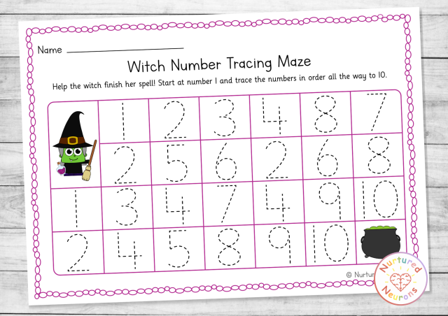 Printable Halloween number tracing maze - trace the numbers 1-10 in order to complete the maze