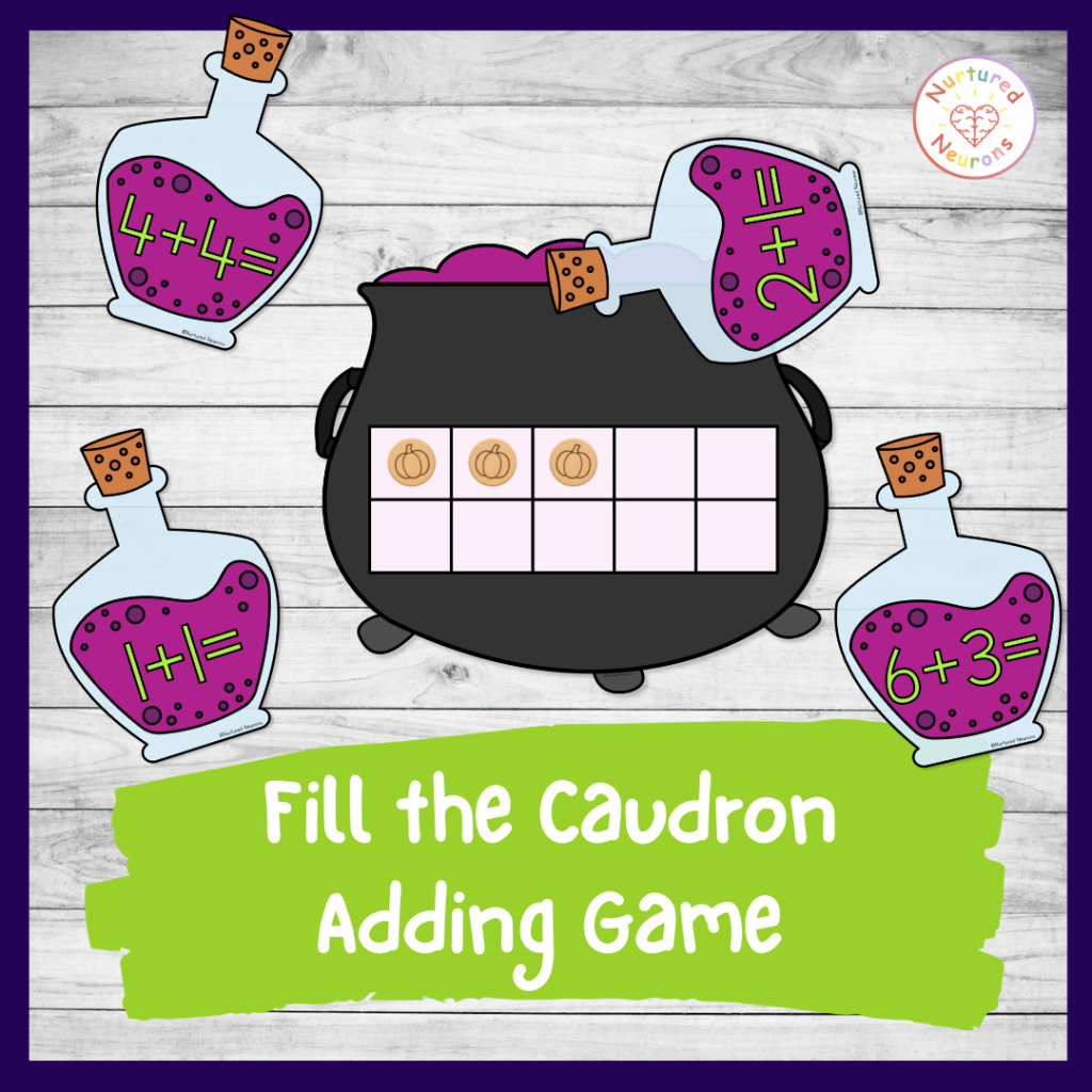 Printable fill the cauldron adding to ten game - fun Halloween math center for preschool and kindergarten