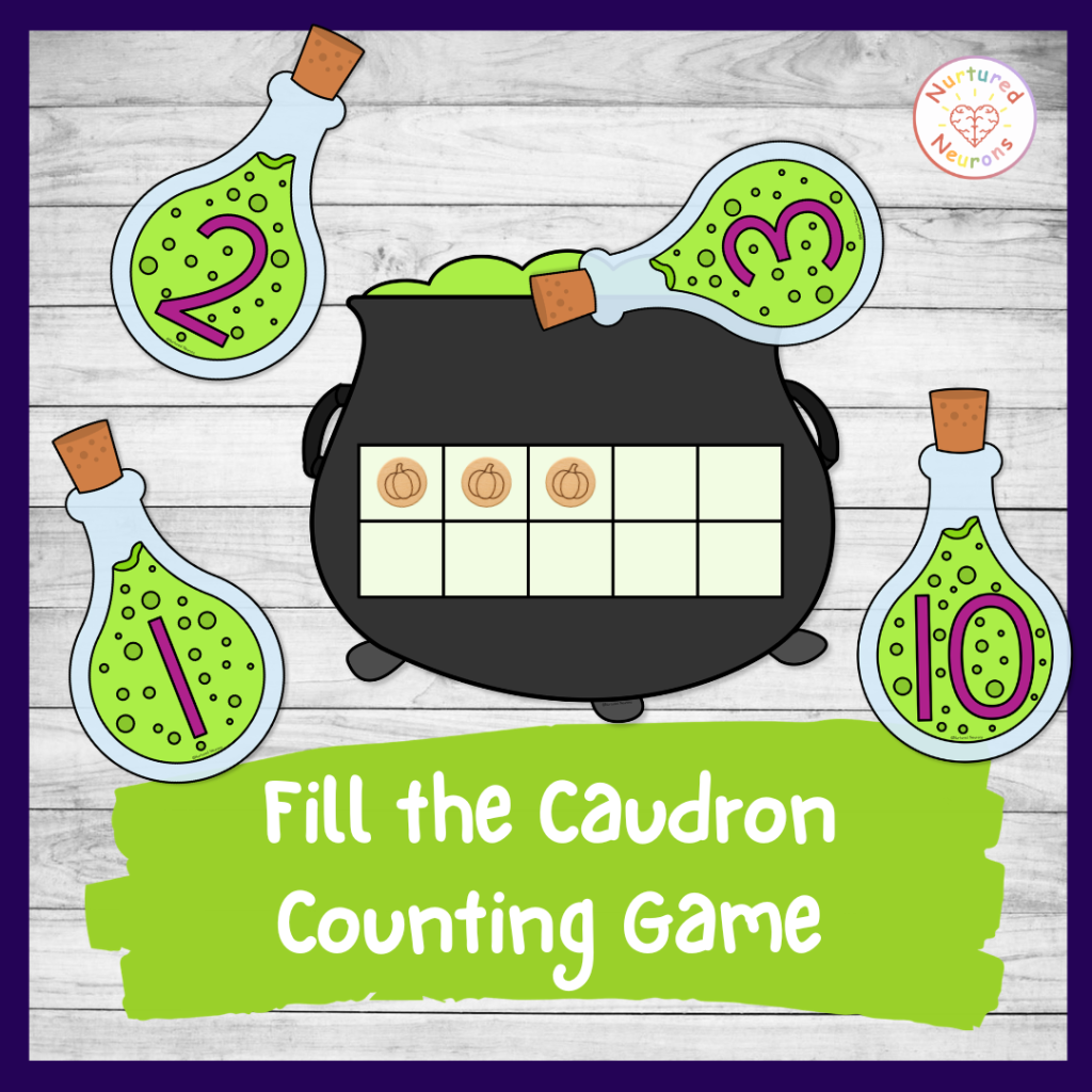 Printable fill the cauldron counting to ten game - fun Halloween math center for preschool and kindergarten