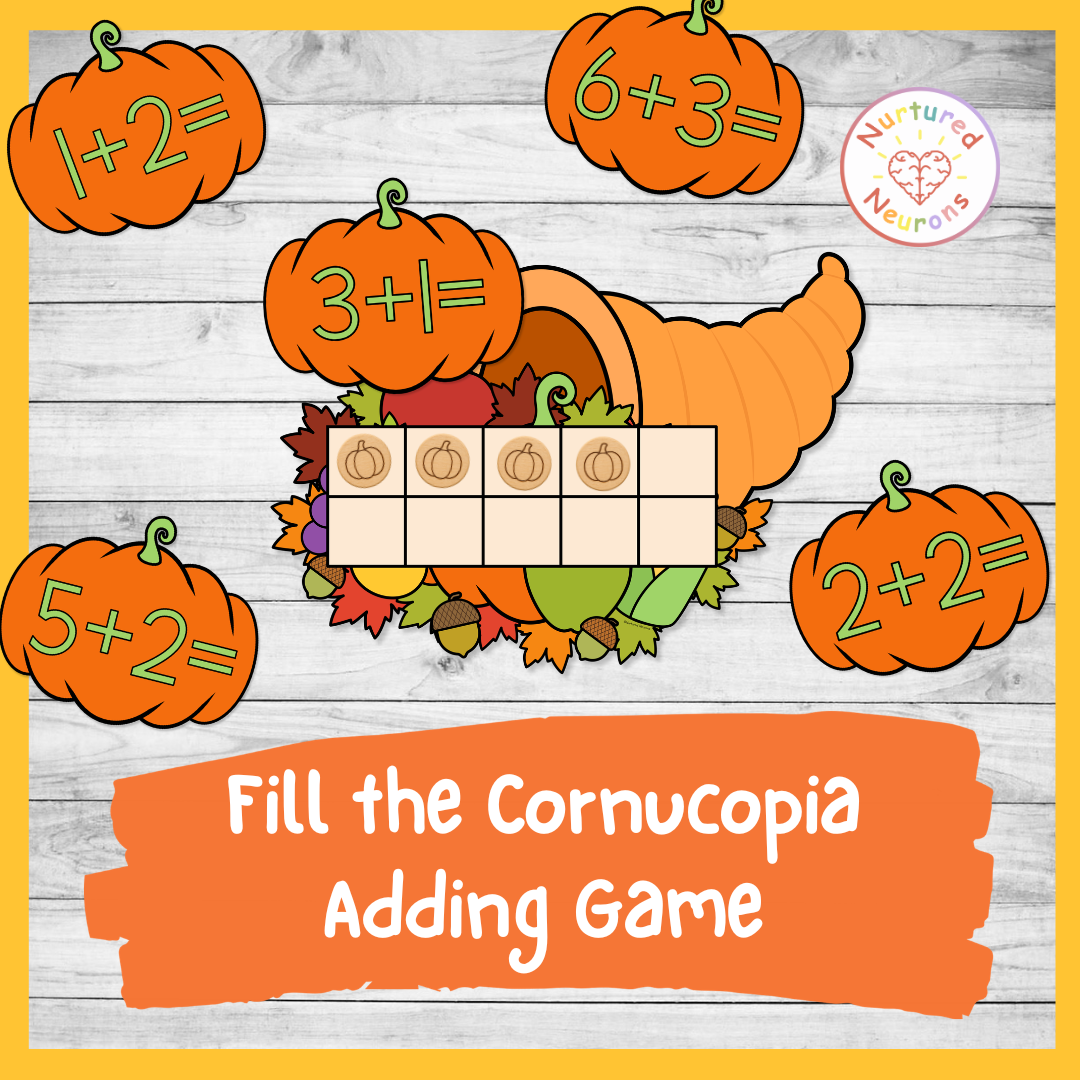 Printable fill the cornucopia adding to ten game - fun thanksgiving math center for preschool and kindergarten
