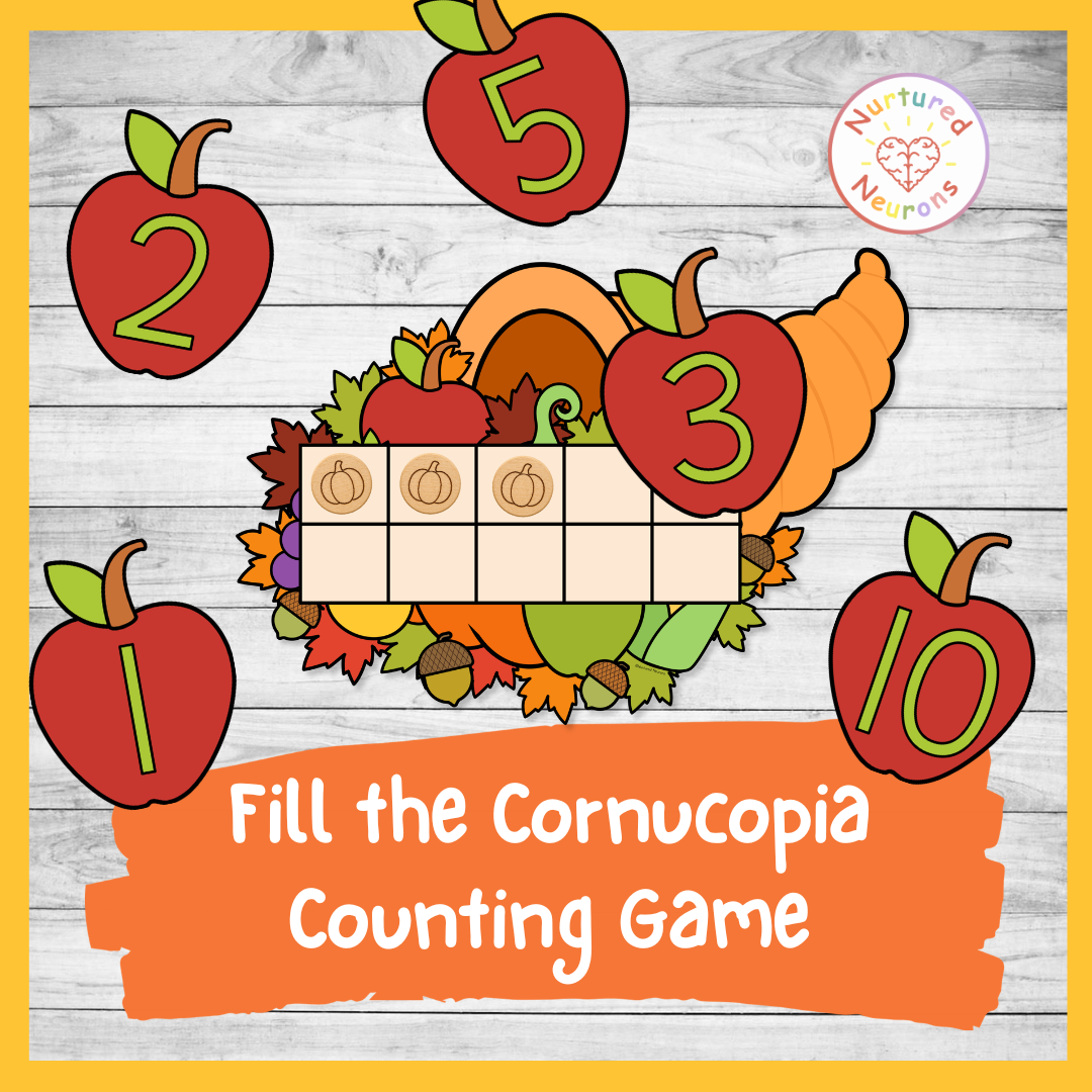 Printable fill the cornucopia counting to ten game - fun thanksgiving math center for preschool and kindergarten