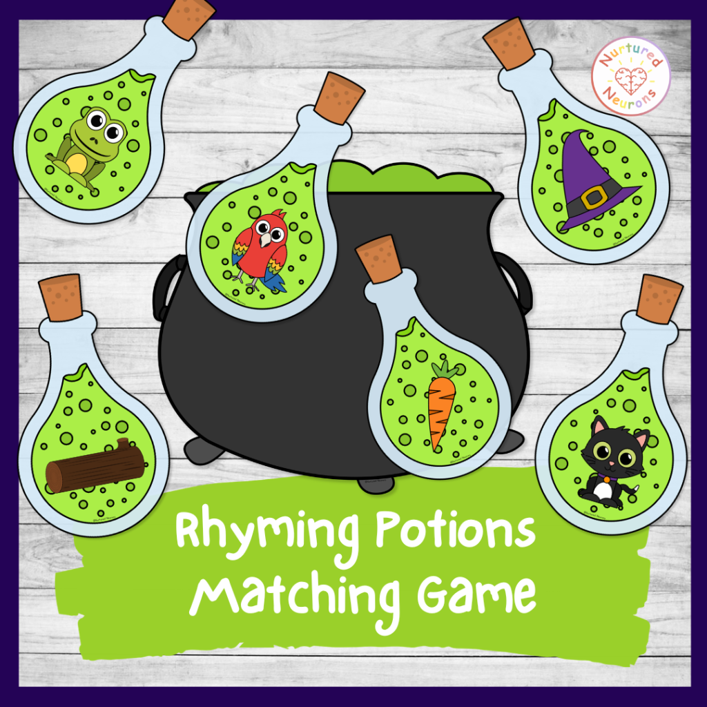 Printable rhyming potions game - fun Halloween matching game for preschool and kindergarten
