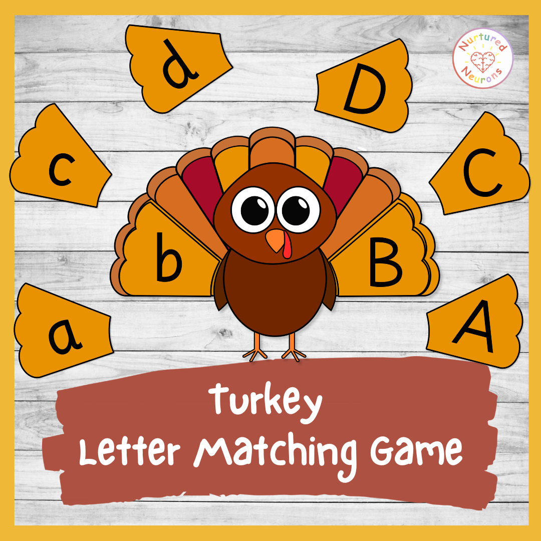 Printable thanksgiving turkey letter recognition game - fun fall matching game for preschool and kindergarten