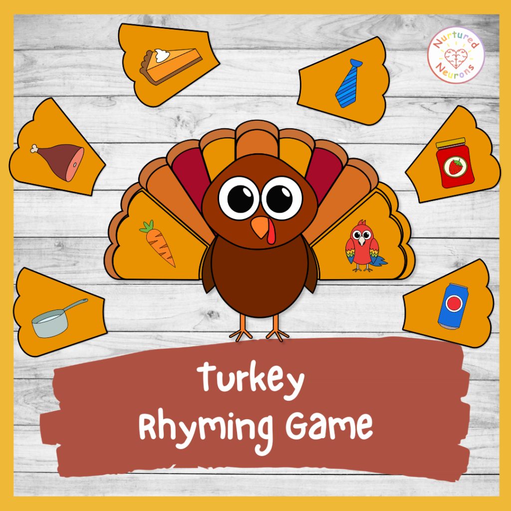 Printable thanksgiving turkey rhyming game - fun fall matching game for preschool and kindergarten