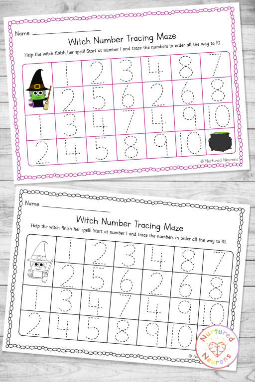 Printable witch number tracing worksheet - counting number maze for kids - Halloween math center