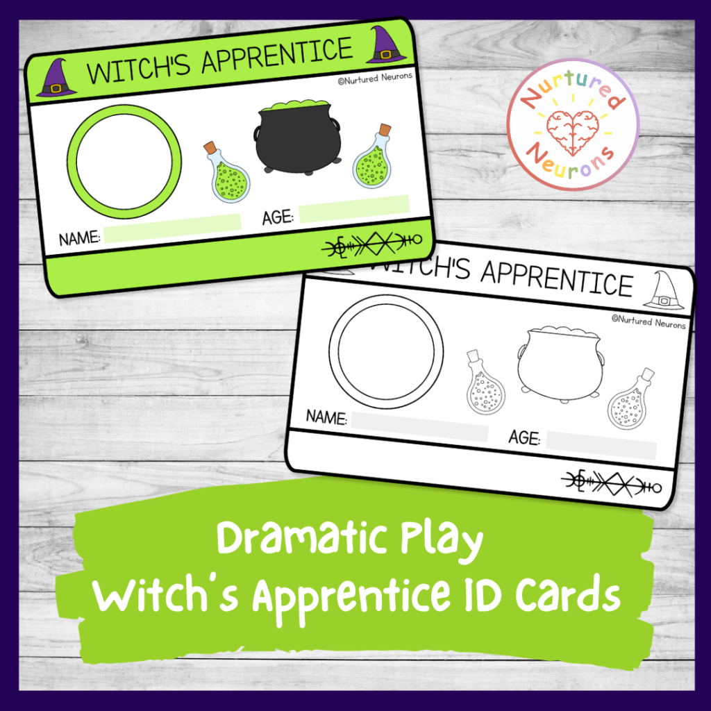 Printable witch's apprentice ID cards for dramatic play - kids role play halloween badges templates