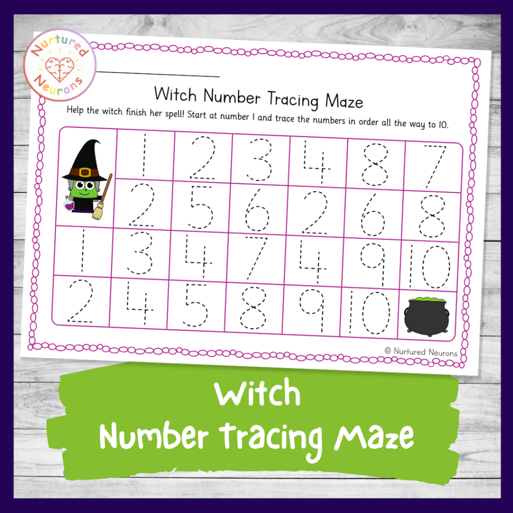 cute printable witch maze for kindergarten and preschool - trace the numbers in order from one to ten with a Halloween theme