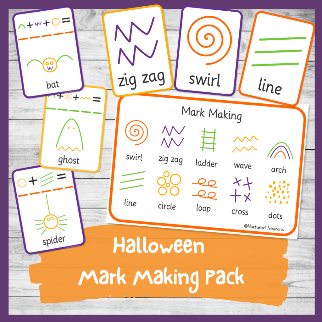 halloween themed mark making pack - prompt cards, recipe cards and display poster - preschool writing resource