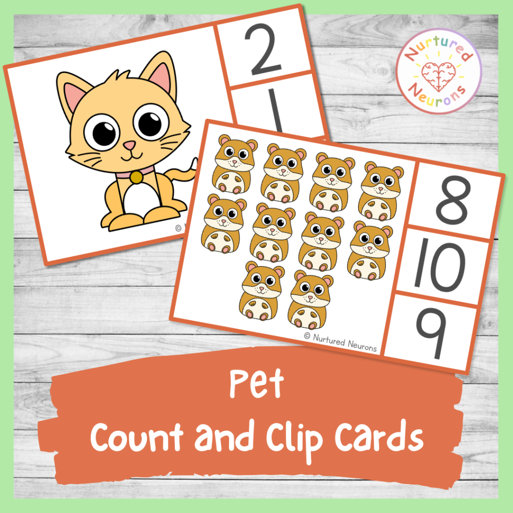 pets counting to ten clip cards for preschool and kindergarten Math center for kids with a baby animal theme