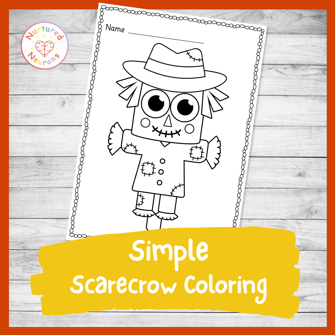 printable Kindergarten scarecrow coloring sheet for kids - cute fall and farm themed coloring page for toddlers pdf