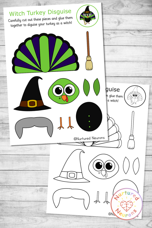 witch turkey in disguise - simple printable cut and paste halloween and thanksgiving craft (preschool and kindergarten pdf)