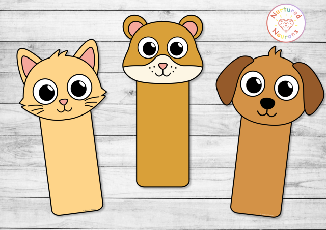 Printable pet bookmarks to color for preschool and kindergarten - cat, dog and hamster reading craft for kids