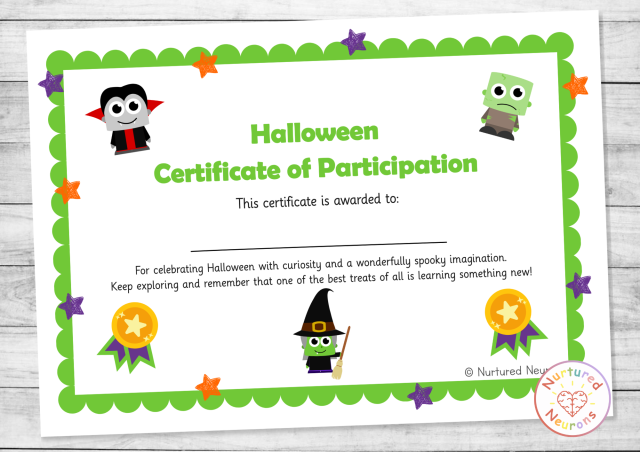 Printable Halloween certificate of participation - joining in certificate for Halloween Day for kids - classroom awards