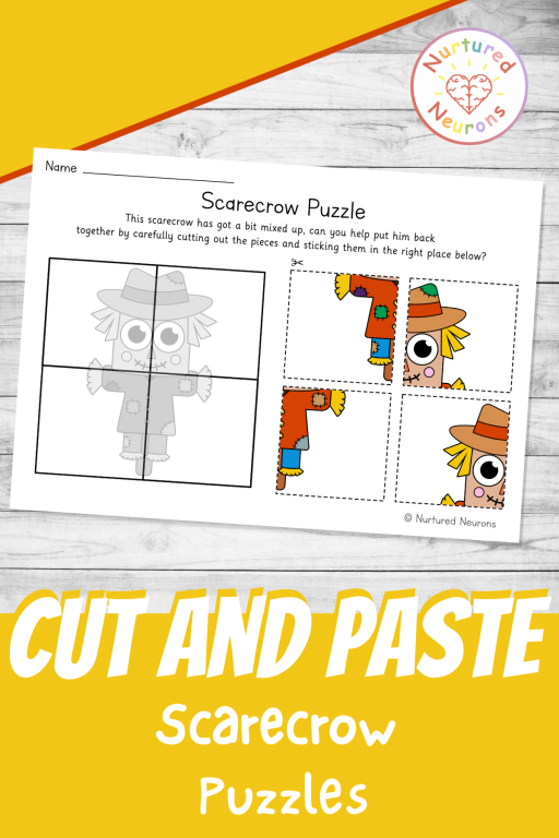 simple cutting and gluing puzzle for kids with a cute scarecrow theme - four pieces for fall or thanksgiving