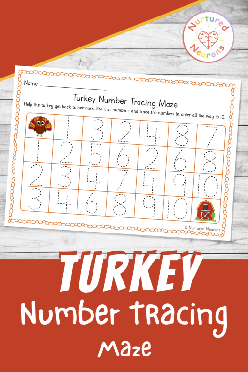number maze for kindergarten - trace the numbers one to ten with a Thanksgiving theme - printable maze worksheets