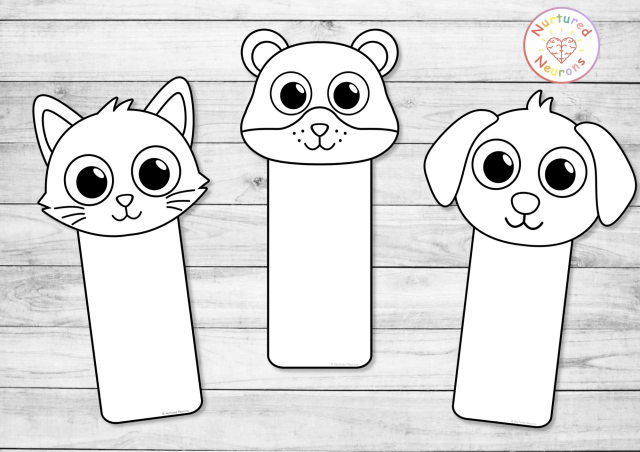 Black and white pet bookmark templates for early learners - simple cut and color fine motor craft