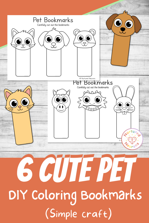 Printable pet themed coloring bookmarks for kids - simple DIY animal craft for preschool and kindergarten