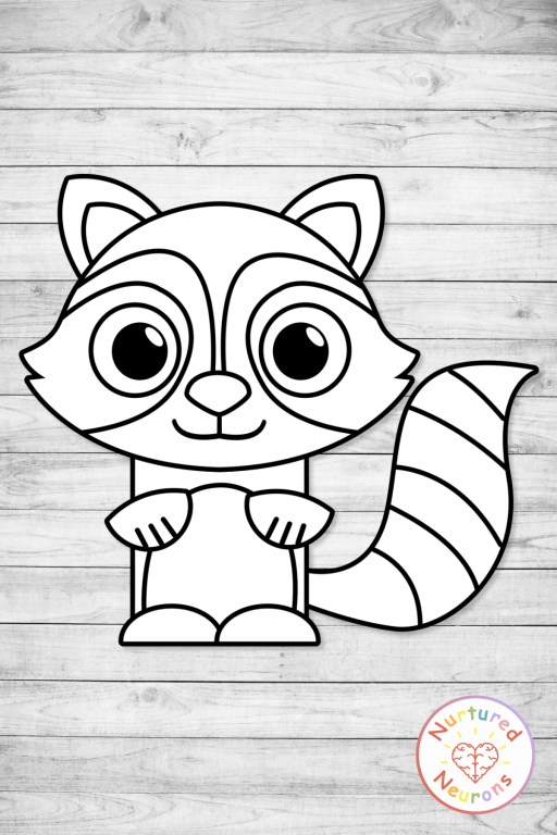 Black and white raccoon template for kids - printable coloring and cut and stick craft for fine motor practice
