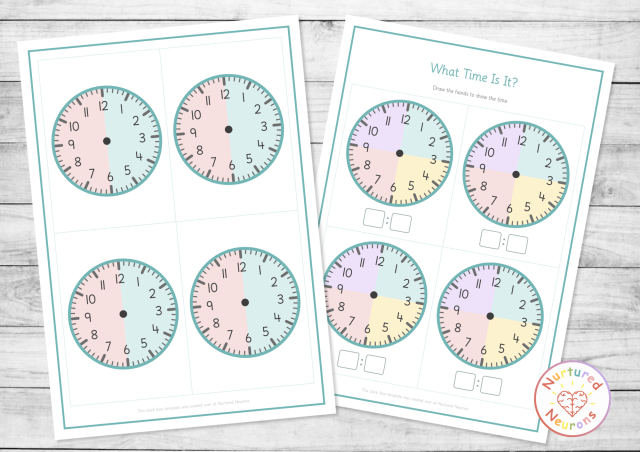 Blank clock faces with digital time boxes and past and to shading - free printable telling time template for first grade