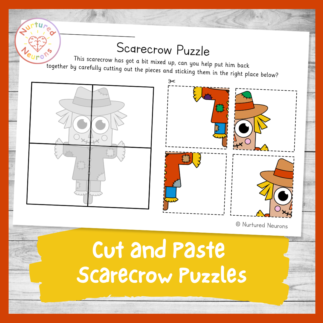Cut and Paste scarecrow Puzzles (preschool and kindergarten farm day theme worksheet)