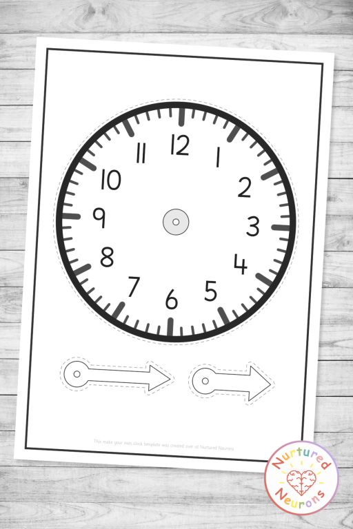 Make your own paper clock template with cut-out hour and minute hands and split pin hole - free printable telling time craft for kindergarten