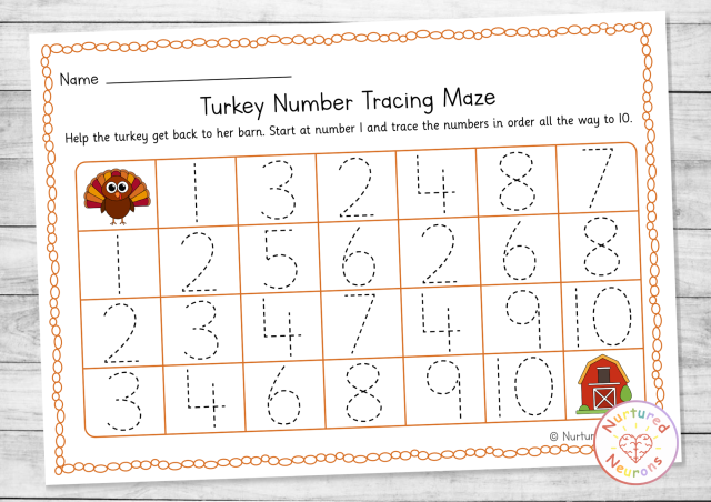 Printable Farm themed number tracing maze - trace the numbers 1-10 in order to complete the maze