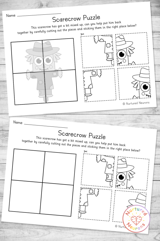Printable black and white scarecrow puzzles - a cut and paste farm theme coloring activity for kindergarten