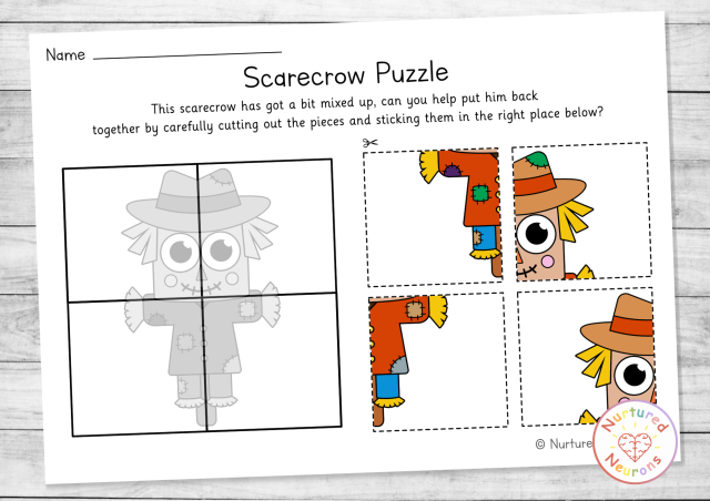 Printable cut and stick fall scarecrow worksheets for preschool and kindergarten - differentiated farmyard activity