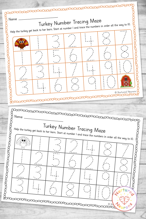Printable turkey number tracing worksheet - counting number maze for kids - Fall and Thanksgiving math center