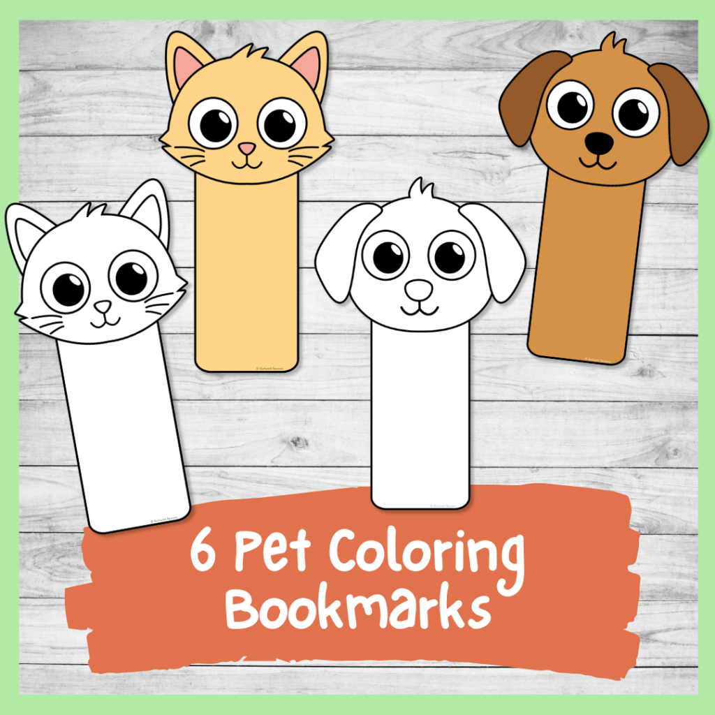 Simple Printable DIY pet bookmarks - different cute pets to color