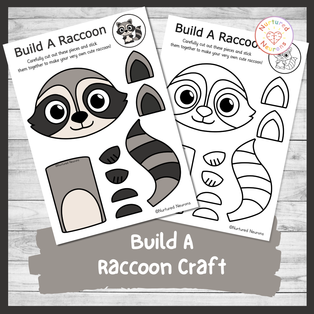 cut and paste raccoon craft - simple DIY woodland and forest animal themed cut and stick activity for kids