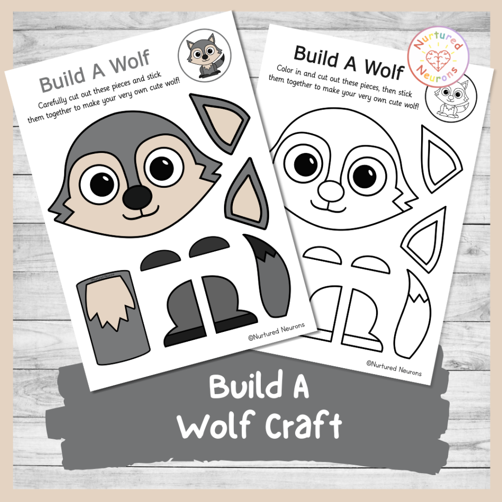 cut and paste wolf craft - simple DIY woodland and forest animal themed cut and stick activity for kids