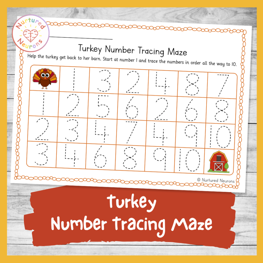 cute printable turkey maze for kindergarten and preschool - trace the numbers in order from one to ten with a Thanksgiving theme