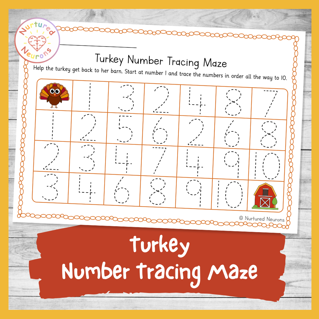 cute printable turkey maze for kindergarten and preschool - trace the numbers in order from one to ten with a Thanksgiving theme