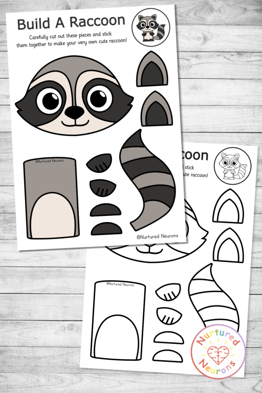 make a raccoon - simple printable cut and paste USA animal craft (preschool and kindergarten pdf)