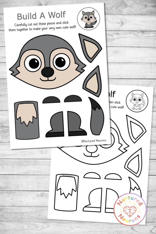 make a wolf - simple printable cut and paste USA animal craft (preschool and kindergarten pdf)